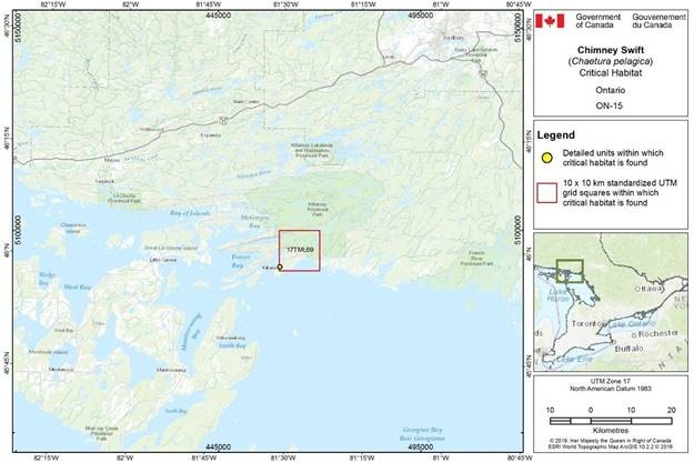 Figure D-2.15: Critical habitat for the Chimney Swift in Ontario