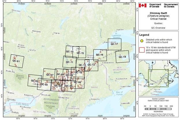 Figure D-3: Overview of Figures D-3.1 to D-3.18 representing the critical habitat for the Chimney Swift in Quebec