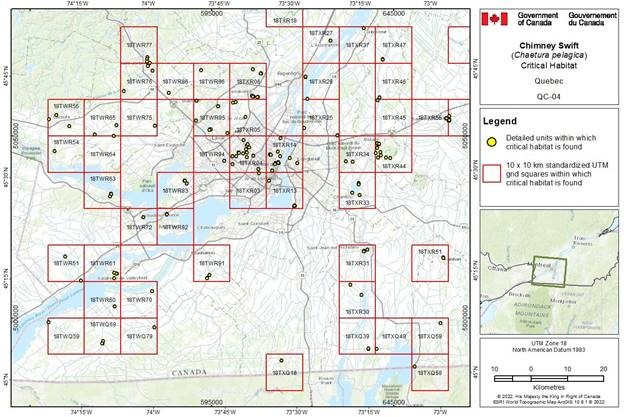 Figure D-3.4: Critical habitat for the Chimney Swift in Quebec