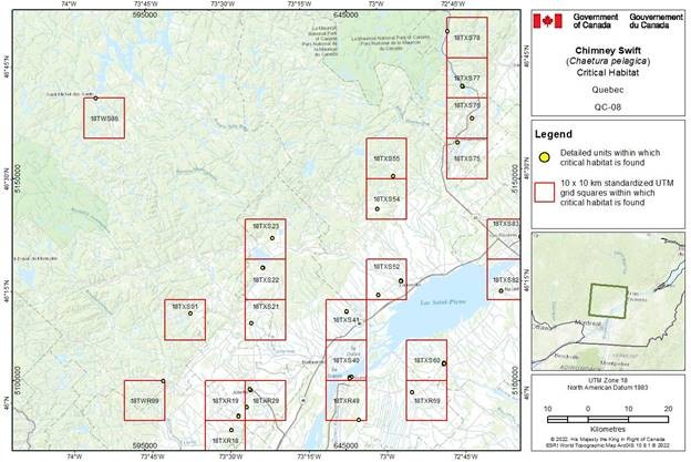 Figure D-3.8: Critical habitat for the Chimney Swift in Quebec