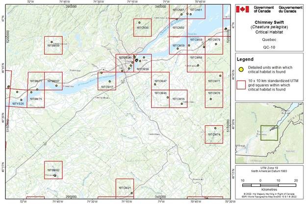 Figure D-3.10: Critical habitat for the Chimney Swift in Quebec