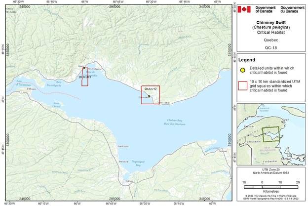 Figure D-3.18: Critical habitat for the Chimney Swift in Quebec