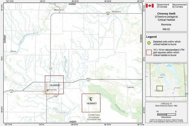 Figure D-1.2: Critical habitat for the Chimney Swift in Manitoba
