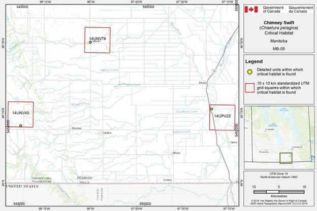 Figure D-1.5: Critical habitat for the Chimney Swift in Manitoba