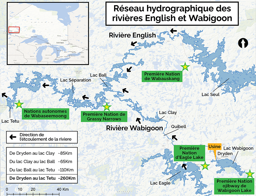 Carte du réseau hydrologique des rivières English et Wabigoon