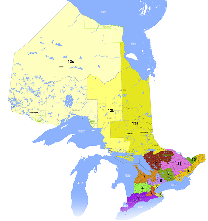 Carte de l'Ontario montrant les 13 régions touristiques différentes.