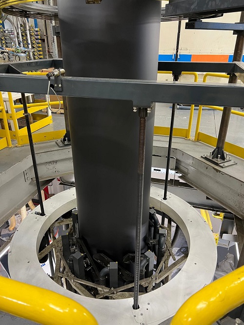A photo of large machinery from a research project. This machinery is an extruder line and it is used to make plastic blown film. This photo was provided by Dr. Manjusri Misra who is leading the research project.