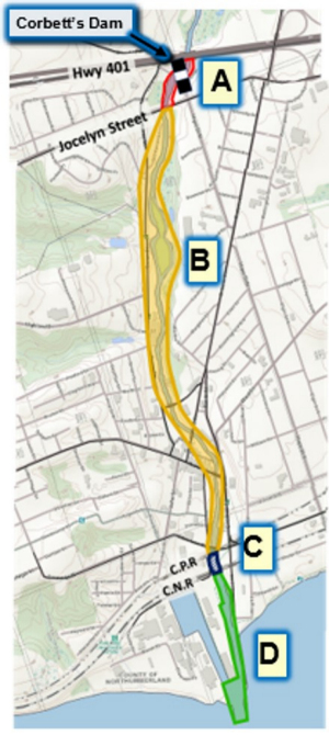 Current fishing areas on the lower Ganaraska River. Areas correspond with descriptions and rules listed below in the table. Area A–from Highway 401 to the south side of Jocelyn Street. Area B–from south side of Jocelyn Street to south side of Canadian Pacific Railway (CPR) bridge. Area C–downstream of the south side of CPR bridge to the southerly side of the Canadian National Railway (CNR) right-of-way. Area D–south side of CNR right-of-way to Lake Ontario.