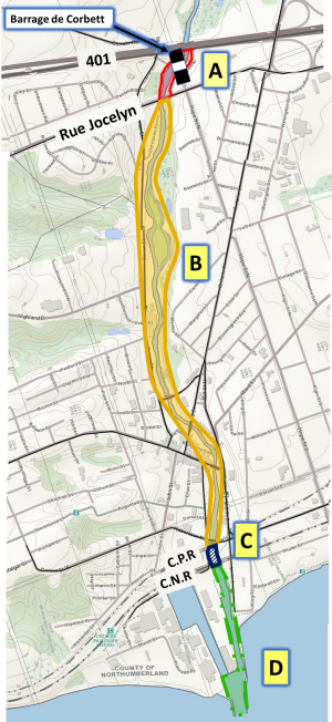 Zones de pêche actuelles dans la partie inférieure de la rivière Ganaraska. Les zones correspondent aux descriptions et aux règles énumérées ci-dessous dans le tableau. Secteur A – De l’autoroute 401 jusqu’au côté sud de la rue Jocelyn. Secteur B – Du côté sud de la rue Jocelyn jusqu’au côté sud du pont du Chemin de fer Canadien Pacifique (CFCP). Secteur C – En aval du côté sud du pont du CFCP jusqu’au côté sud de l’emprise du Canadien National (CN). Secteur D – Du côté sud de l’emprise du CN jusqu’au lac Ontario.