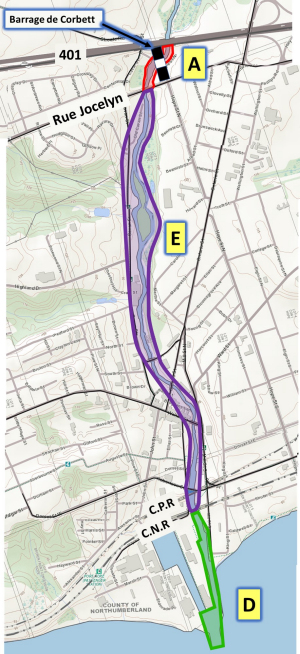 Zones de pêche proposées dans la partie inférieure de la rivière Ganaraska. Les zones correspondent aux descriptions et aux règles énumérées ci-dessous dans le tableau. Secteur A – De l’autoroute 401 jusqu’au côté sud de la rue Jocelyn. Secteur E – Du côté sud de la rue Jocelyn jusqu’au côté sud de l’emprise du Canadien National (CN). Secteur D – Du côté sud de l’emprise du CN jusqu’au lac Ontario.