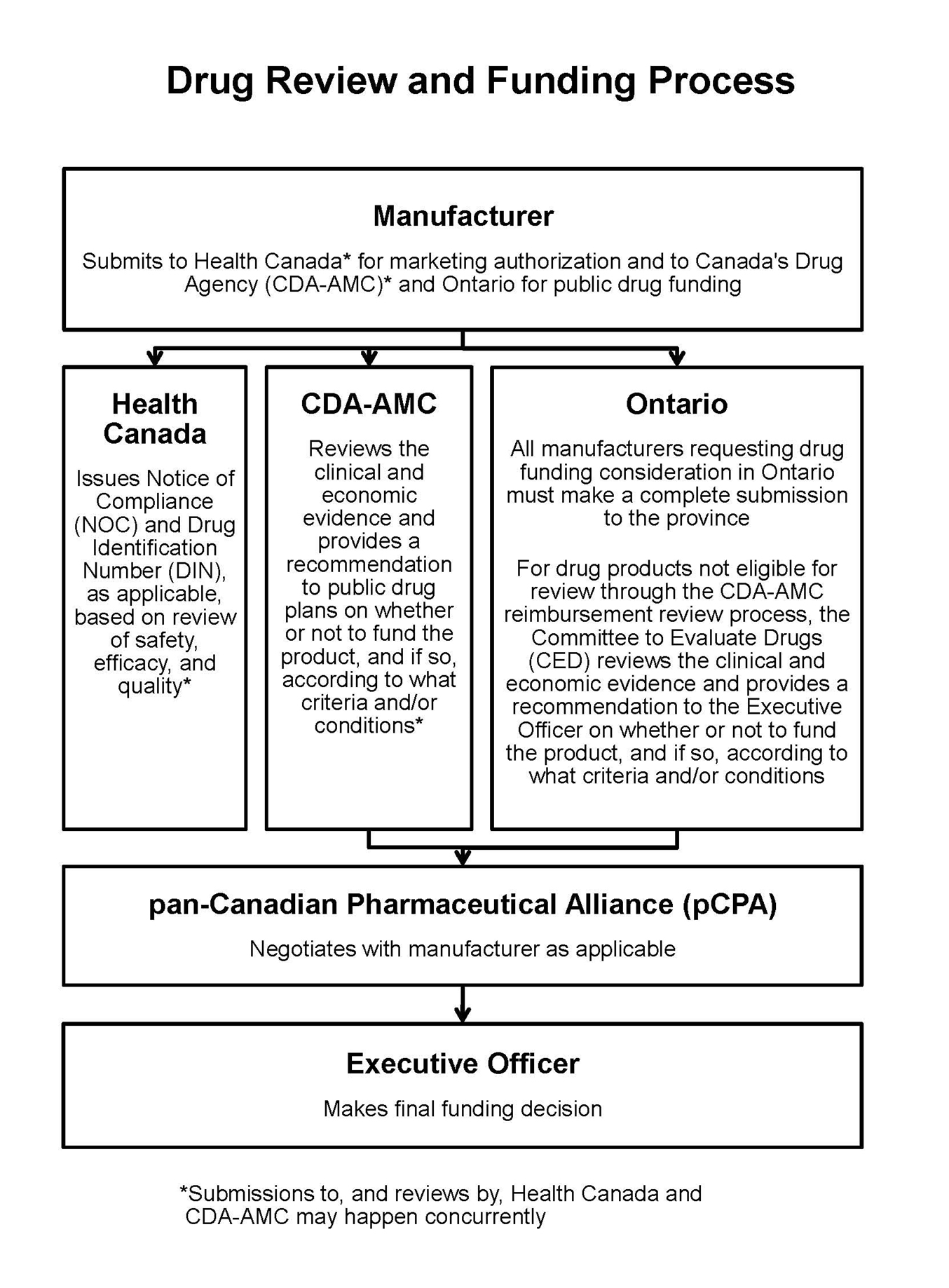 A flow chart describing the steps of the drug funding and review process.