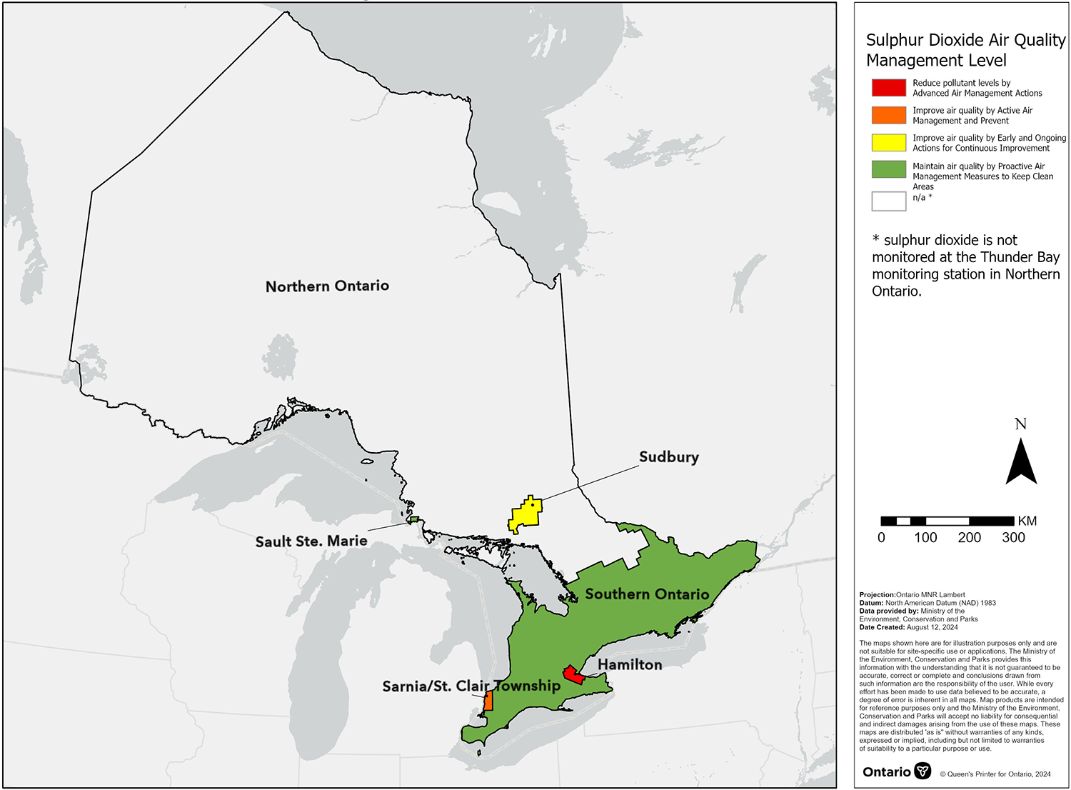 Map displaying the aulphur dioxide Canadian Ambient Air Quality Standard management levels for air zones across Ontario