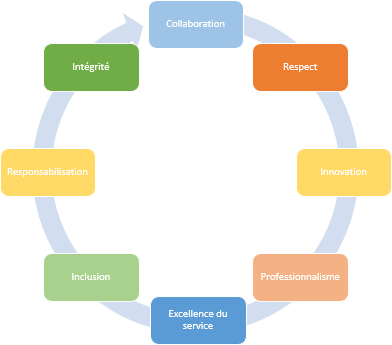 Graphic shows interconnected relationship between values of collaboration, respect, innovation, professionalism, service excellence, inclusion, accountability, and integrity. 