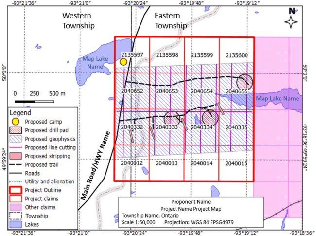 An example of a project scale map displaying the location of the proposed exploration activities.