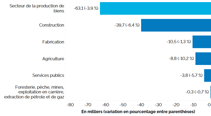 Ce graphique à barres horizontales montre la variation de l’emploi en Ontario sur 12 mois (entre les troisièmes trimestres de 2023 et de 2024) dans le secteur de la production de biens, en milliers, avec le pourcentage entre parenthèses. L’emploi a baissé dans les cinq industries productrices de biens : construction (-6,4 %), fabrication (-1,3 %), agriculture (-10,2 %), services publics (-5,7 %), et foresterie, pêche, mines, exploitation en carrière et extraction de pétrole et de gaz (-0,7 %). Dans l’ensemble des industries productrices de biens, l’emploi a diminué de 63 100 (-3,9 %).