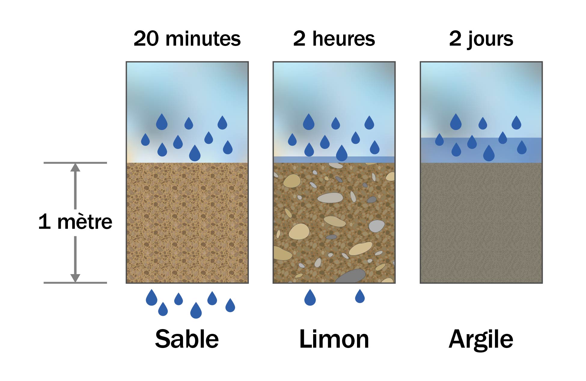 Trois types de sols différents, un à côté de l’autre, et l’eau qui est filtrée dans ces sols