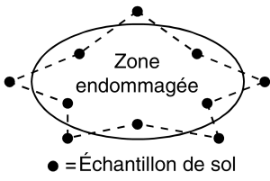 Diagramme d’un modèle d’échantillonnage en forme d’étoile pour une zone endommagée dans une culture, avec 10 cercles indiquant où prélever des échantillons de sol.
