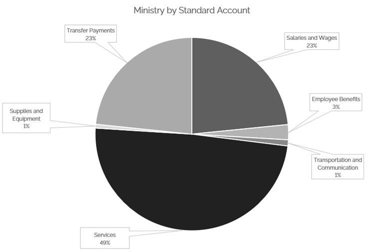 A pie chart showing the distribution of the ministry’s standard accounts. The categories are: "Services" (49%), "Transfer Payments" (23%), "Salaries and Wages" (23%), "Employee Benefits" (3%), "Supplies and Equipment" (1%), and "Transportation and Communication" (1%).