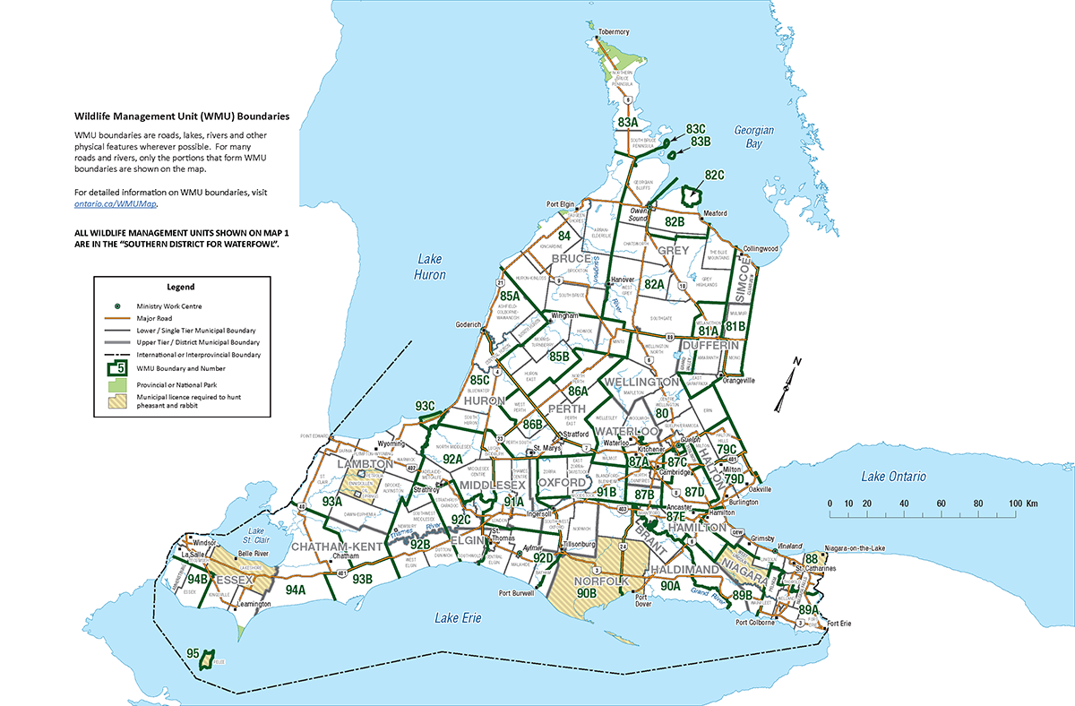 Wildlife Management Unit 1 map of Southwestern Ontario.