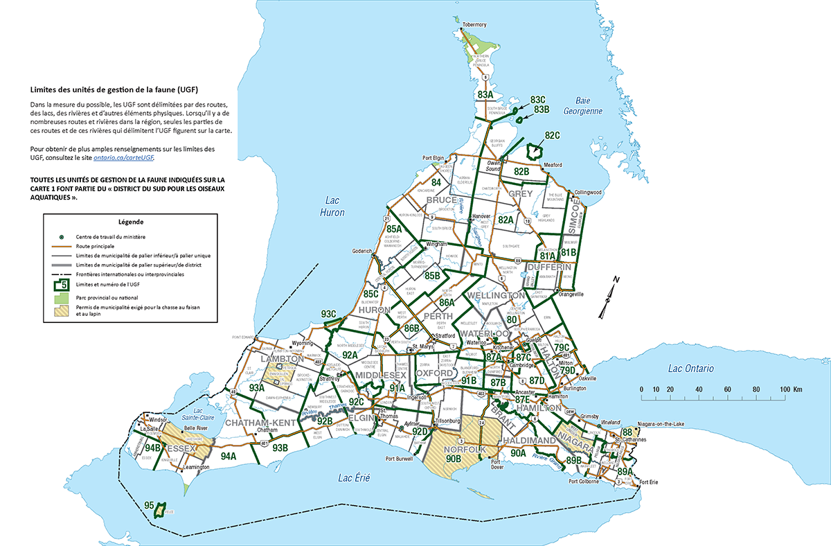 Carte 1 des unités de gestion de la faune – Sud-Ouest de l’Ontario.