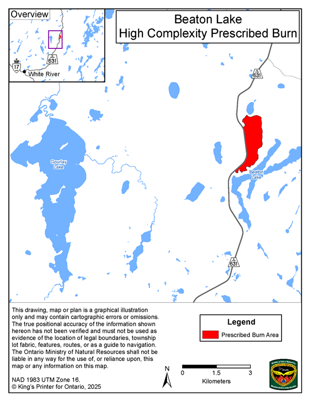 This map shows the area of the Beaton Lake prescribed burn located 47 kilometres northeast of the town of White River