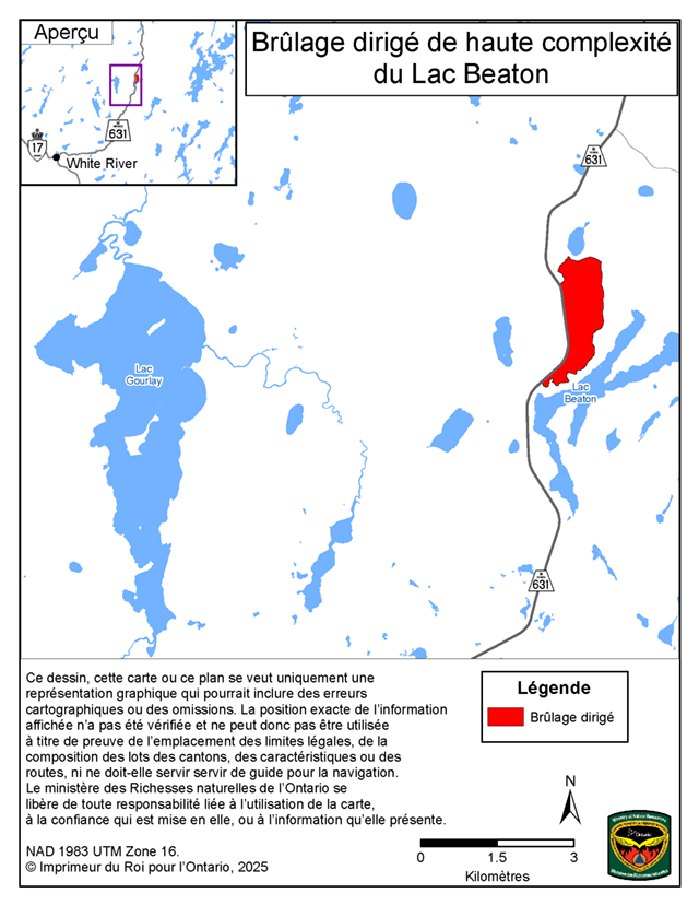 Cette carte illustre la région du brûlage dirigé du Lac Beaton situé à 47 kilomètres au nord-est de la ville de White River
