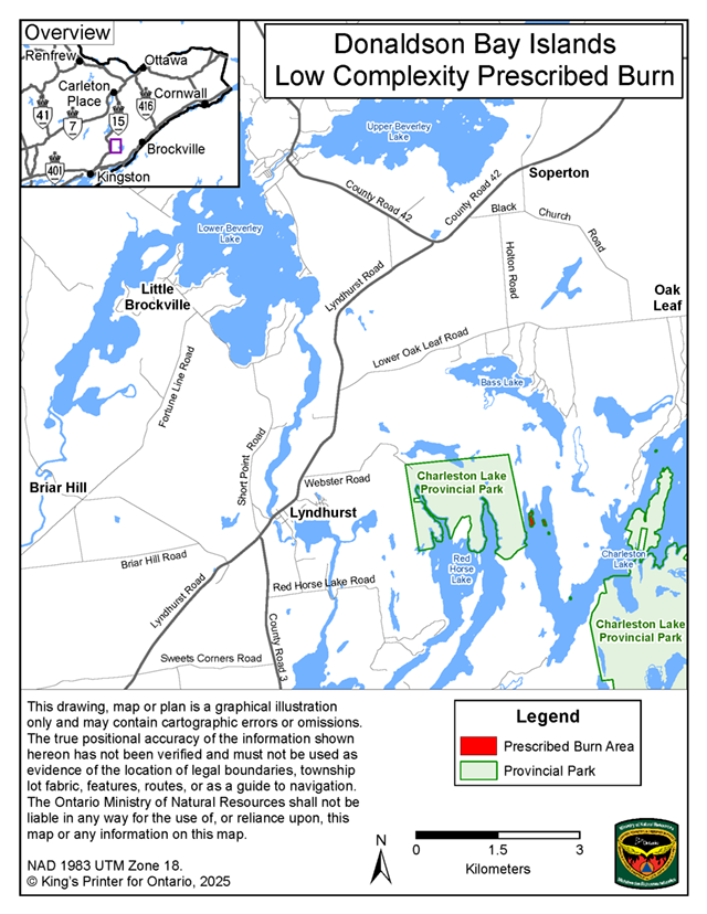 This map shows the area of the Donaldson Bay Islands prescribed burn located within Charleston Lake Provincial Park, 10 kilometres east of the village of Lyndhurst