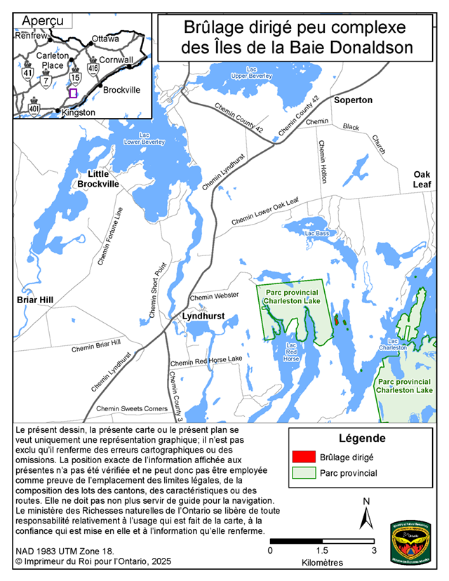 Cette carte illustre la région du brûlage dirigé peu complexe des Îles de la Baie Donaldson dans le Parc provincial Charleston Lake, 10 kilomètres à l’est du village de Lyndhurst