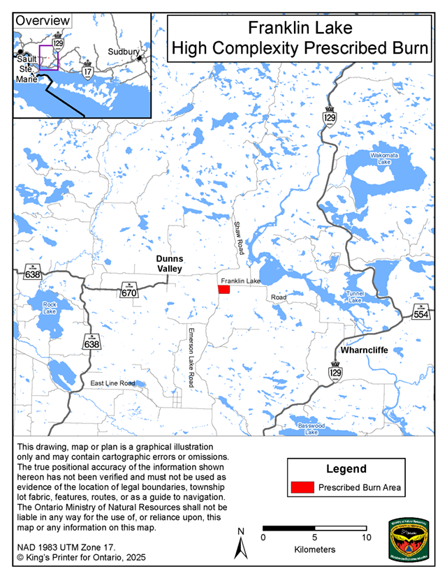 This map shows the area of the Franklin Lake prescribed burn located 20 kilometres northeast of the community of Wharncliffe