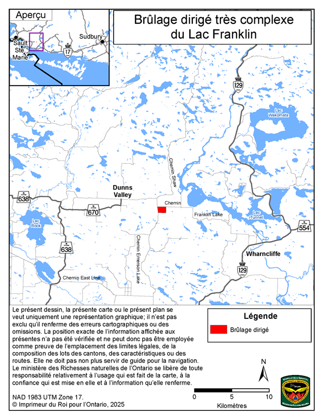 Cette carte illustre la région du brûlage dirigé du Lac Franklin, situé à 20 kilomètres au nord-est de la communauté de Wharncliffe