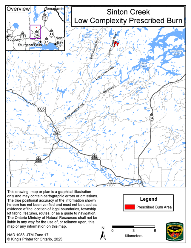 This map shows the area of the Sinton Creek prescribed burn located 55 kilometres northwest of the community of Sturgeon Falls
