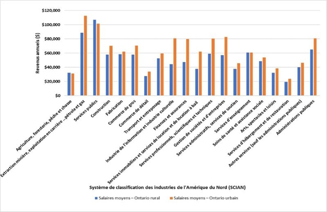Ce graphique montre les salaires estimatifs de l’Ontario rural et urbain par industrie en 2023. Les industries les plus rémunératrices dans les régions rurales et urbaines de l’Ontario étaient l’extraction minière, l’exploitation en carrière et l’extraction de pétrole et de gaz, et les services publics. L’agriculture, la foresterie, la pêche et la chasse, ainsi que les services d’hébergement et de restauration sont les secteurs où les salaires sont les plus bas, tant dans les régions rurales qu’urbaines de l’Ontario.
