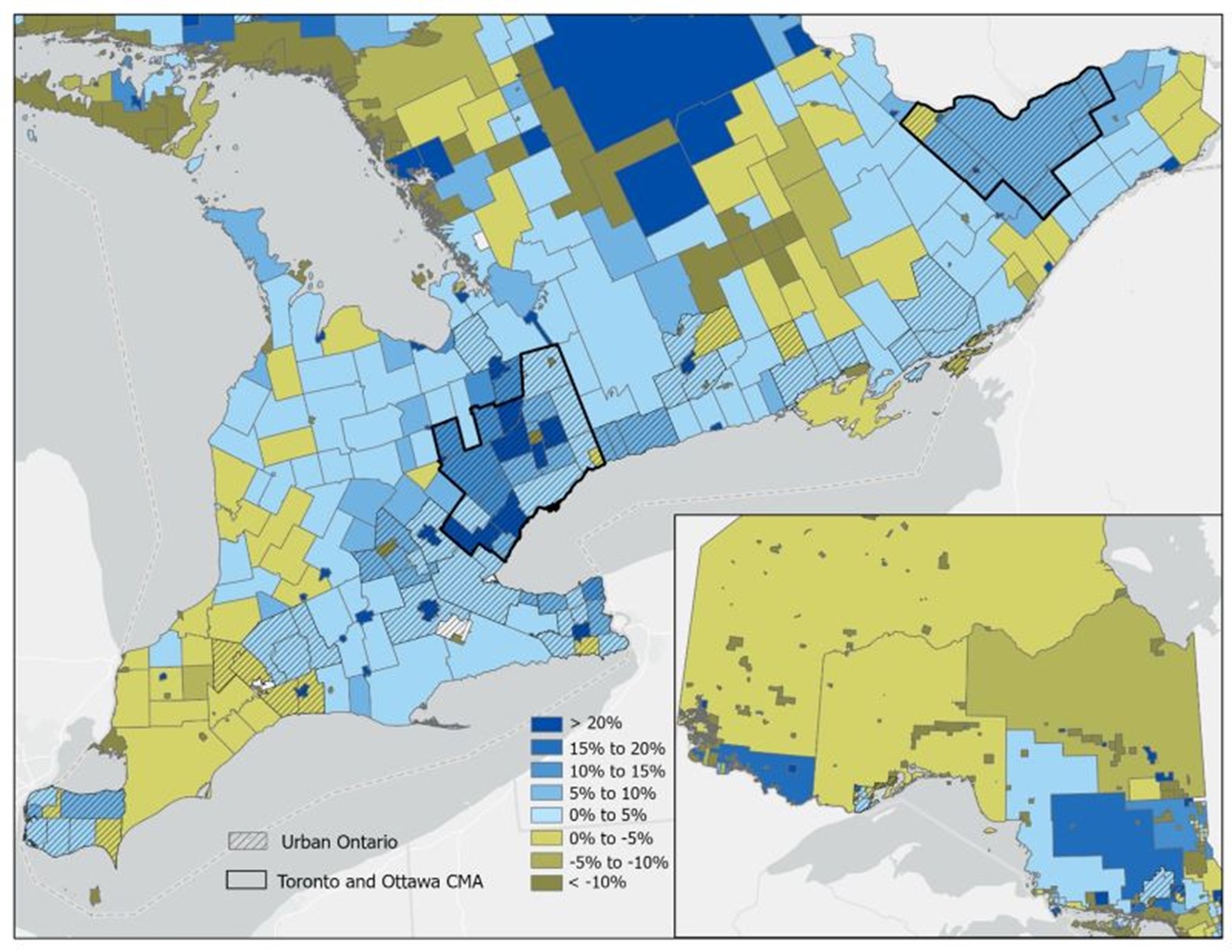 This map shows changes in population numbers by Census Subdivisions from 2011 to 2016. The census subdivisions that experience zero or negative growth are all located in rural areas. The areas with the highest grow (10% or more) are mostly rural census subdivisions with costal areas. The most heavily populated areas like Toronto CMA, experienced moderate growth (less than 10%).