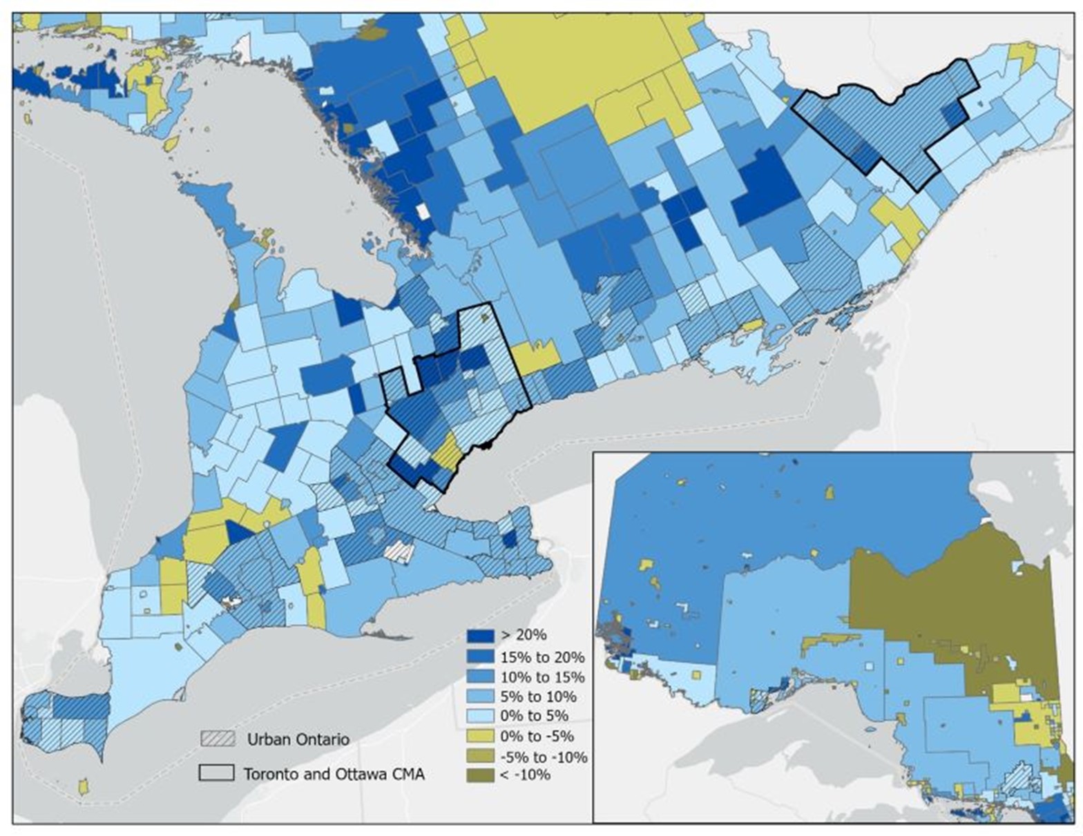 This map shows changes in population numbers by Census Subdivisions from 2016 to 2021. The census subdivisions that experience zero or negative growth are all located in rural areas. The areas with the highest grow (10% or more) are mostly rural census subdivisions with costal areas. The most heavily populated areas like Toronto CMA, experienced moderate growth (less than 10%).