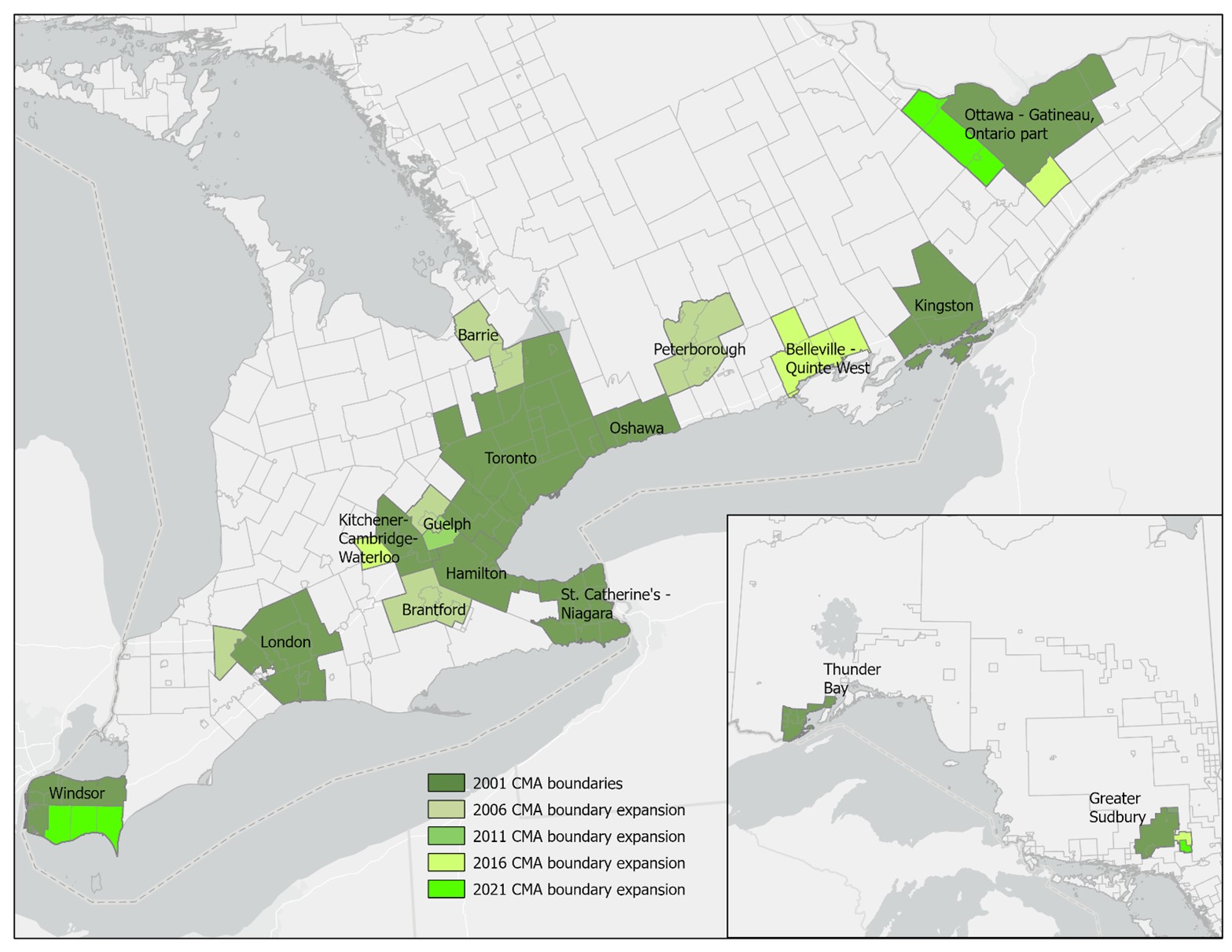 This map of Ontario shows the expansion of CMA boundaries by census years starting with 2001 census boundaries and ending with 2021 census boundaries. In addition to expanding some CMA boundaries by incorporating some rural CSDs to CMAs, some new CMAs have been created.