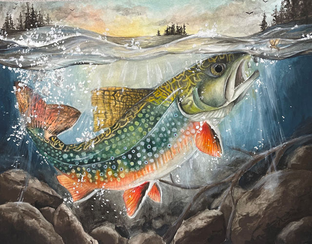 Watercolour and gouache painting of a brook trout swimming in front of rocks with a fly hovering in front of its mouth. Above is a sunrise scene with clusters of trees and birds flying in the distance.