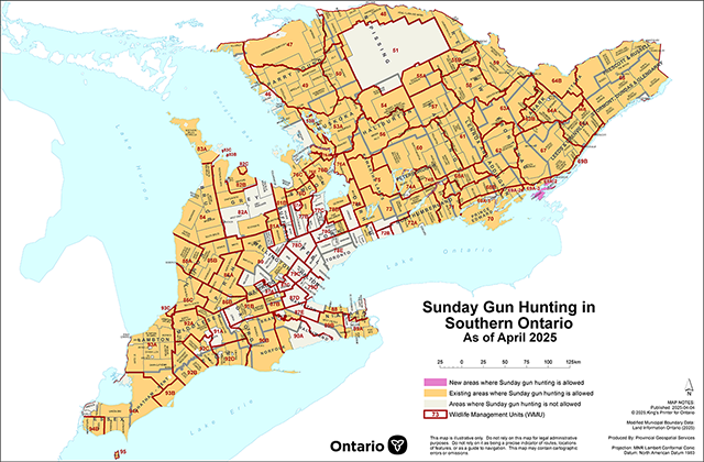 Updated map showing municipalities that allow Sunday gun hunting in Southern Ontario, effective April 2025.