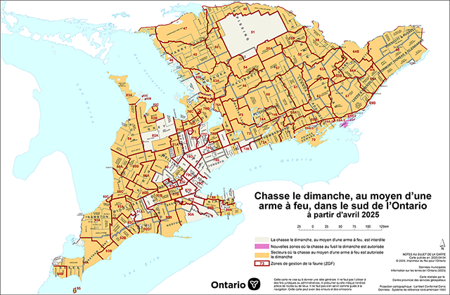 Carte montrant les municipalités permettant la chasse avec fusil de chasse le dimanche dans le Sud de l’Ontario à compter du april 2025.