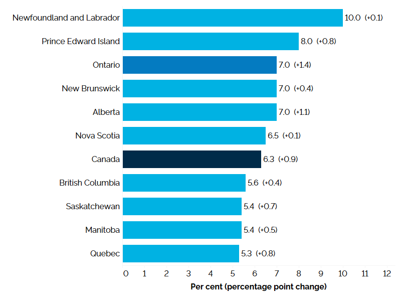 The horizontal bar chart shows unemployment rate by province in 2024, measured in per cent with annual percentage point changes in brackets. Newfoundland and Labrador had the highest unemployment rate at 10.0% (+0.1 percentage point), followed by Prince Edward Island at 8.0% (+0.8 percentage point), and Ontario tied with New Brunswick and Alberta at 7.0% (+1.4, +0.4 and +1.1 percentage points, respectively). Quebec had the lowest unemployment rate at 5.3% (+0.8 percentage point). The national unemployment rate was 6.3% (+0.9 percentage point).