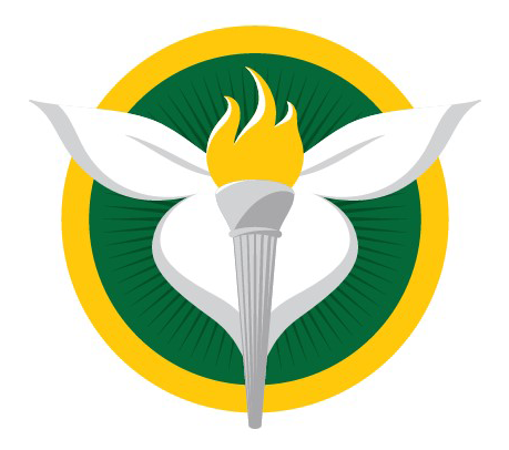Trillium flower with torch in center on green and gold circle. 