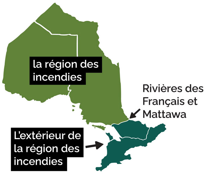 La carte de signalement des incendies de végétation indique de signaler un incendie au nord des rivières Mattawa et des Français en composant le 310-3473. Pour signaler un incendie au sud des rivières Mattawa et des Français, il faut composer le 911.