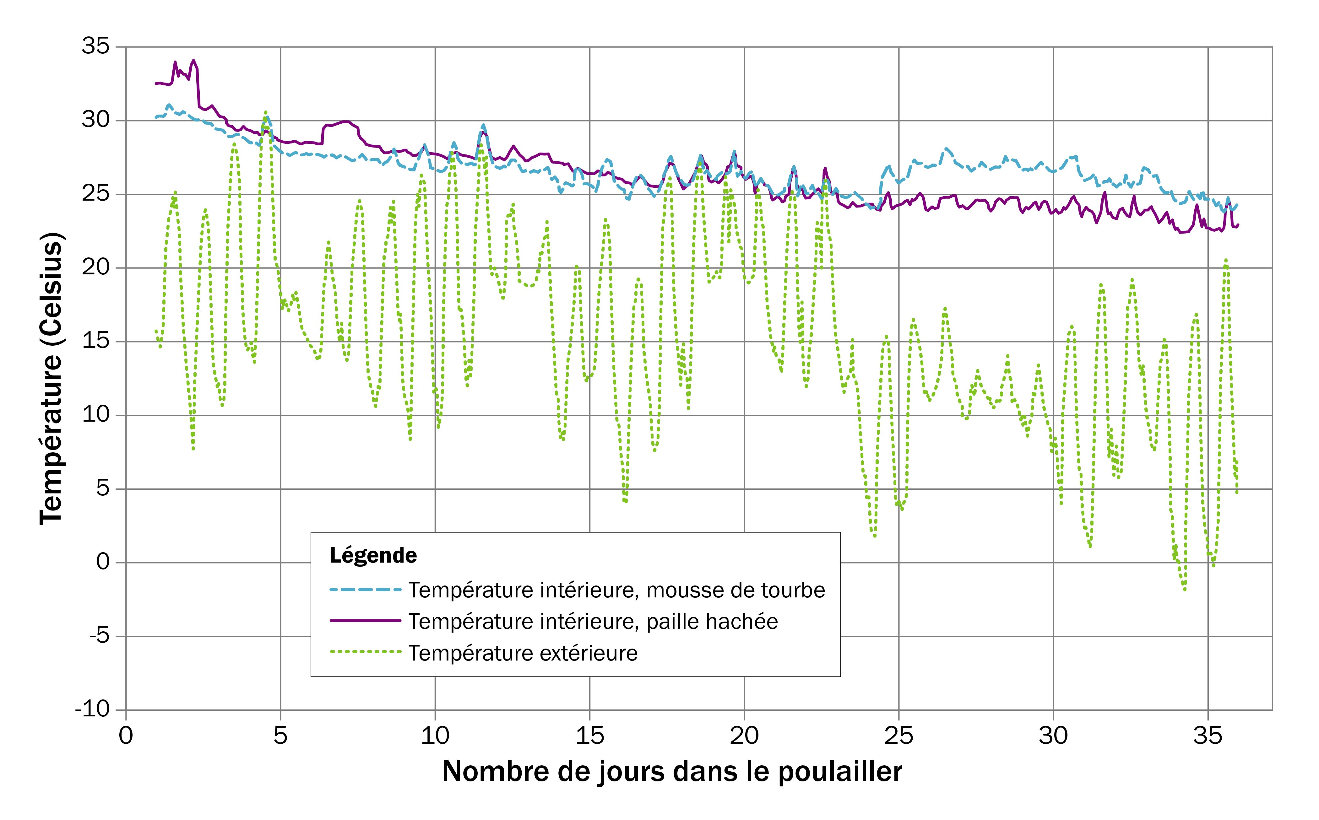 Un graphique linéaire montrant la température à l’intérieur d’un poulailler dont le plancher a été recouvert de mousse de tourbe et celle d’un poulailler dont le plancher a été recouvert de paille.