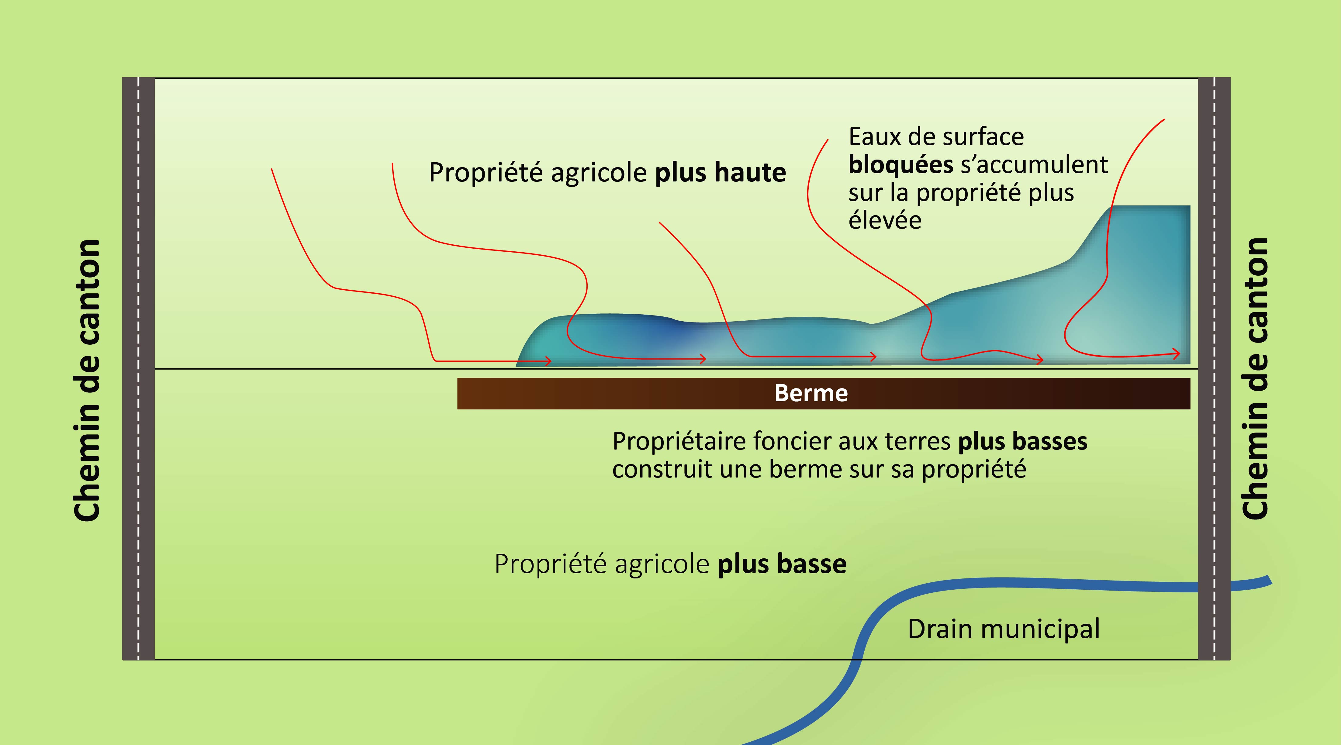 l’eau qui s’écoule d’une propriété plus haute vers une propriété plus basse. L’eau est bloquée par une berme au milieu des propriétés