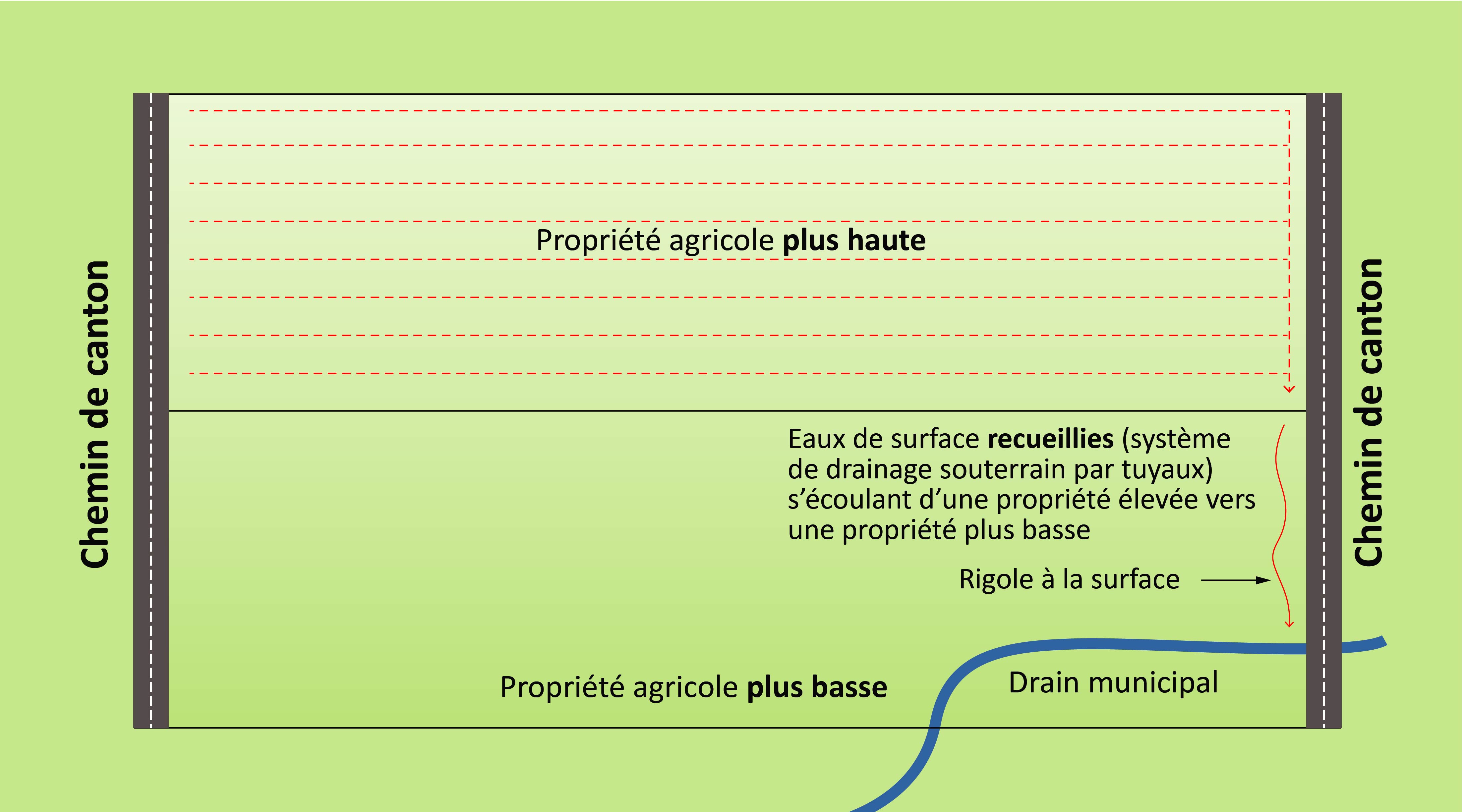 la propriété dans le haut a un réseau de drainage souterrain dans ses champs et la propriété dans le bas a un drain municipal