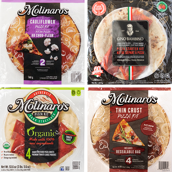 4 different Molinaro’s pizza kits available in grocery stores across the province.