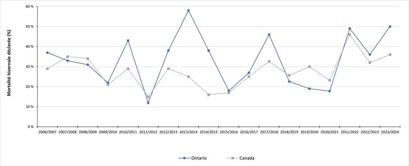 le pourcentage de mortalité hivernale déclarée par les apiculteurs de l’Ontario et du Canada de 2007 à 2024