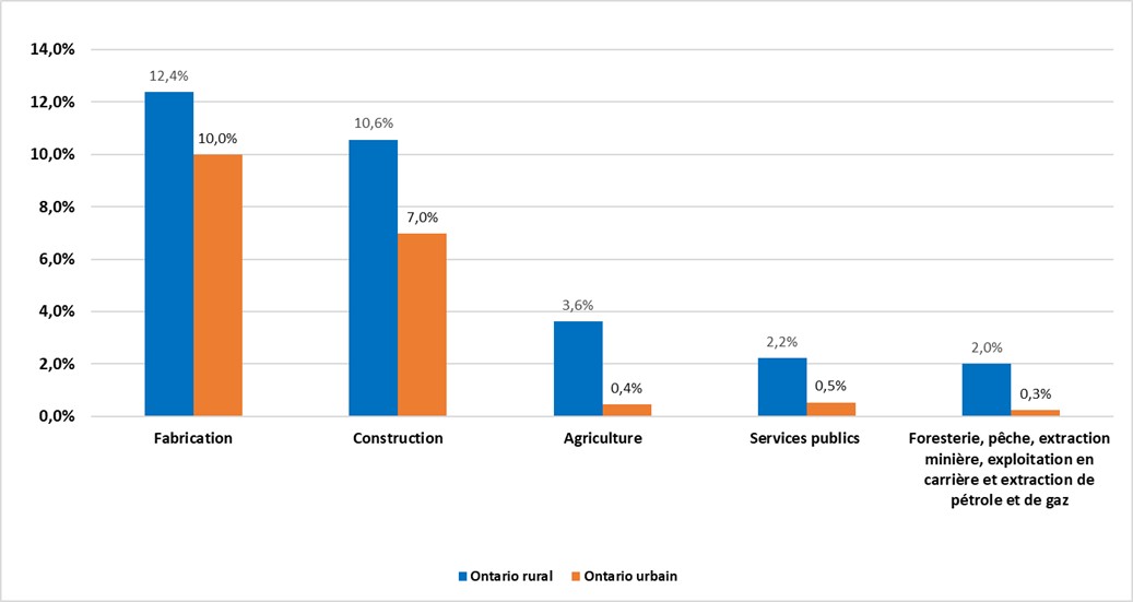 Ce graphique montre la contribution des industries du secteur de la production de biens à l’emploi total dans les zones rurales et urbaines. Les principaux employeurs dans les régions rurales de l’Ontario sont la fabrication, la construction et l’agriculture.