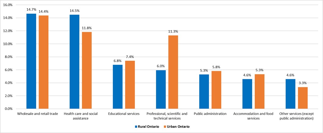This graph shows the contribution of the top seven services-producing industries to total employment in rural and urban Ontario in 2024. The highest contribution to total employment in rural areas is wholesale and retail trade followed by health care and social assistance, educational services, professional, scientific and technical services, accommodations and food services, public administration and transportation and warehousing.