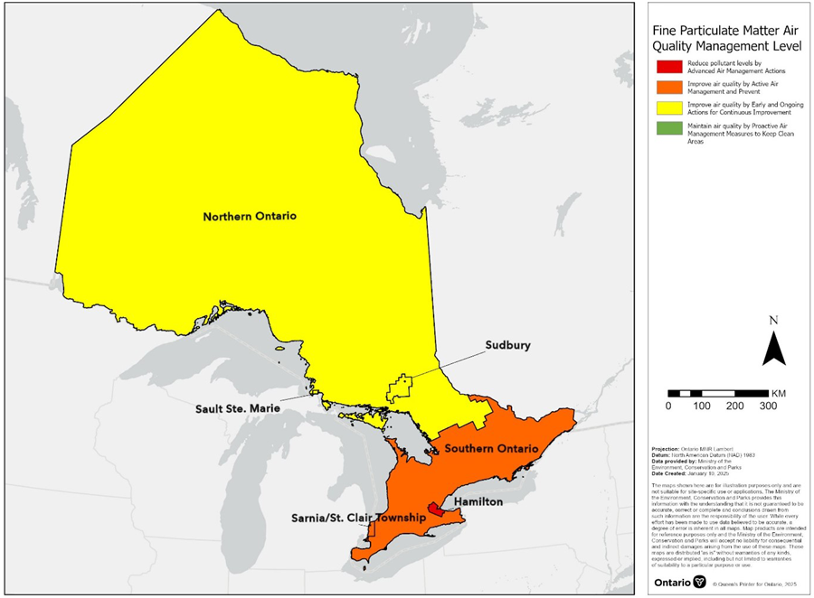 Map showing fine particulate matter Canadian Ambient Air Quality Standard management levels for air zones across Ontario.