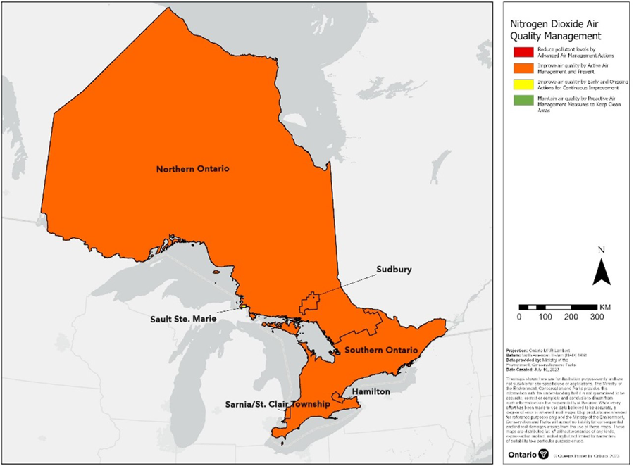 Map showing the nitrogen dioxide Canadian Ambient Air Quality Standard effective management levels for air zones across Ontario